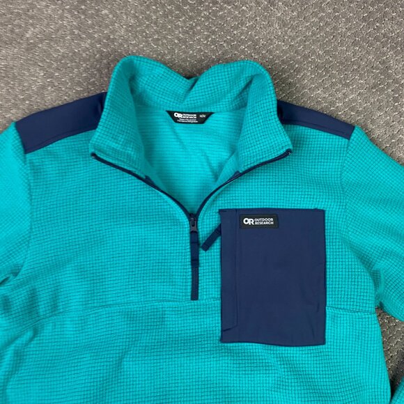 Outdoor Research Trail Mix 1/4 Zip Pullover Medium Teal Navy Waffle Grid Fleece - Picture 4 of 11